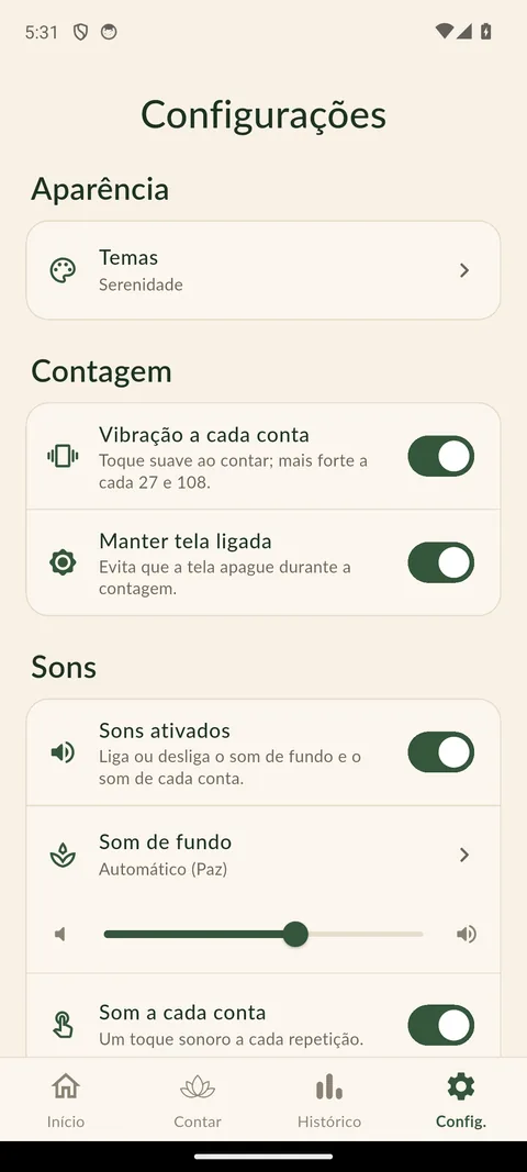 Tela de configurações, com aparência, contagem e sons