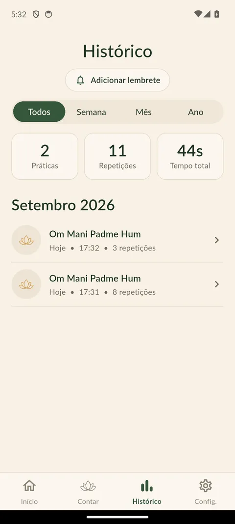 Tela de histórico, com o resumo de práticas, repetições e tempo total