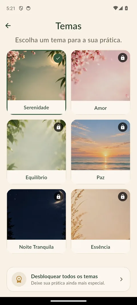 Tela de temas, com seis opções de paleta e ilustração