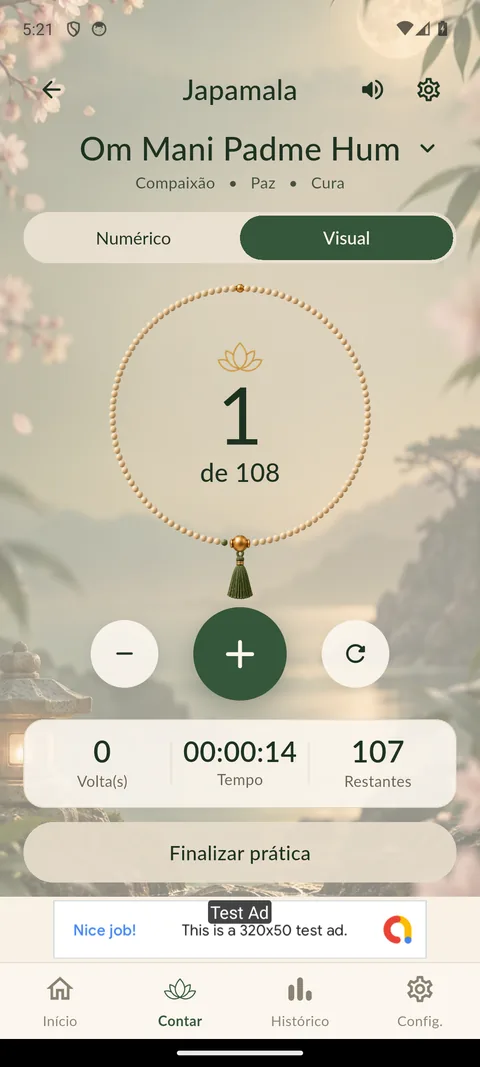 Modo Visual da contagem, com o colar de 108 contas na tela